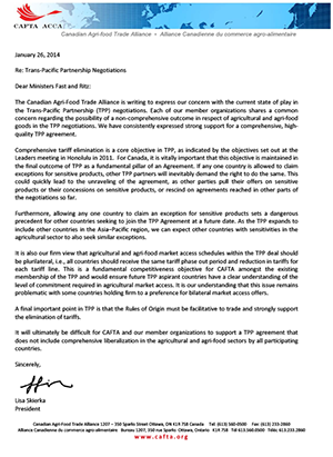 CAFTA Letter - TPP - Jan  26 2014