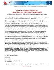 News Release- CAFTA WELCOMES SIGNING OF  CANADA­KOREA FREE TRADE AGREEMENT - September 22, 2014